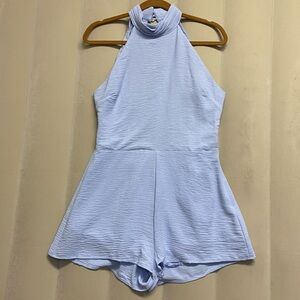 Beginning Boutique Women’s Juniors Romper Size 12 Open Back Collar Neck Sky Blue